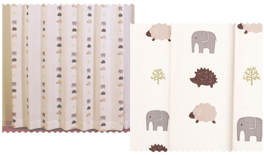 象や羊、ハリネズミと、かわいい動物と木が描かれた子供部屋にぴったりなカーテン
ナチュラルで可愛く優しい印象の部屋になります。キッズカーテン